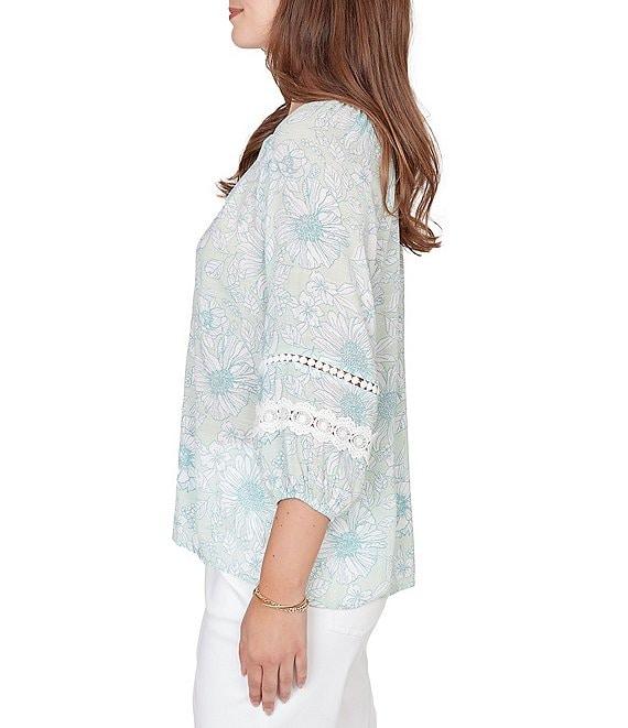 Ruby Rd. Silky Gauze Floral Split V-Neck 3/4 Sleeve Button-Front Blouse Product Image