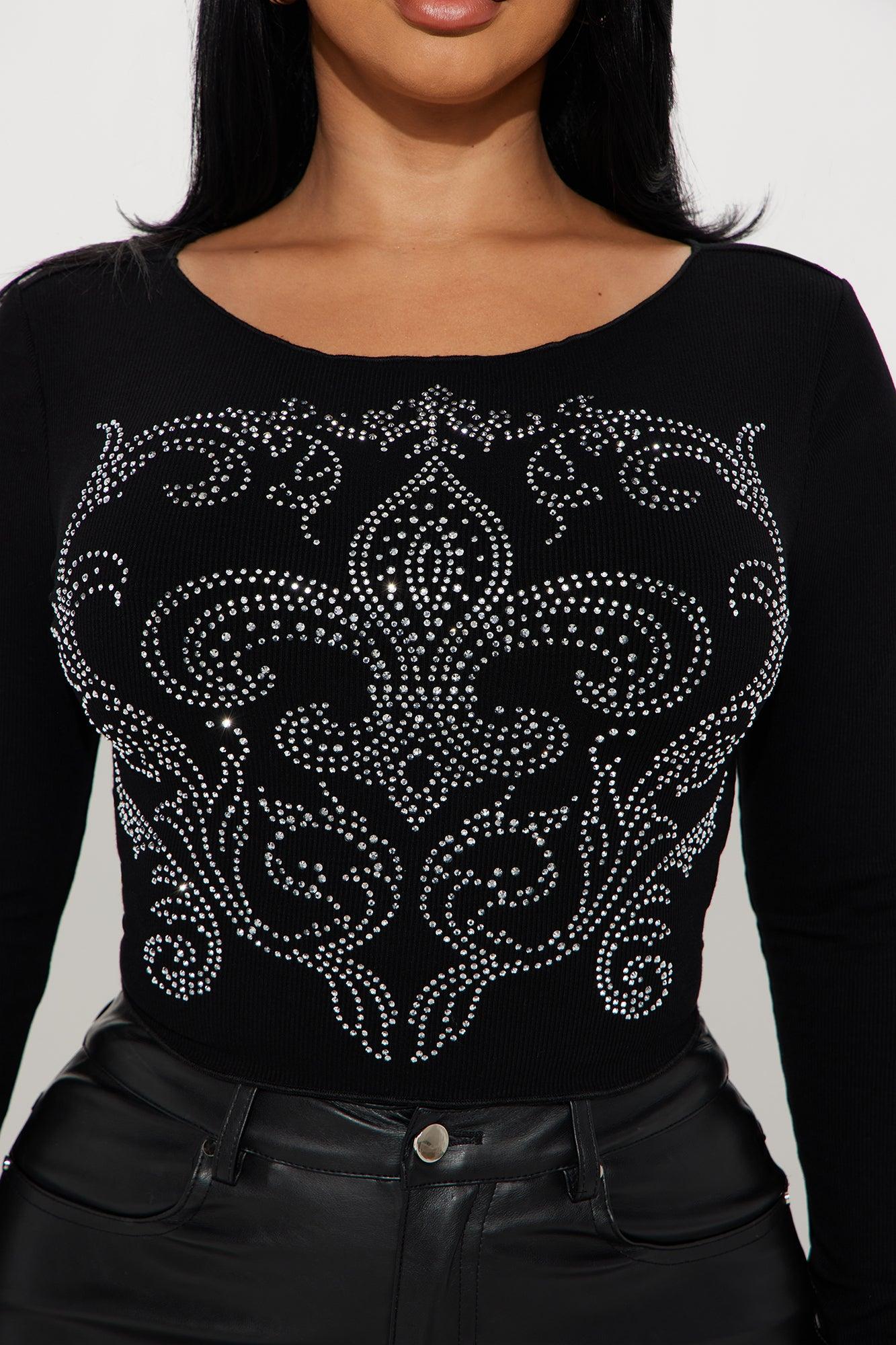 All That Glitters Rhinestone Ribbed Top - Black Product Image