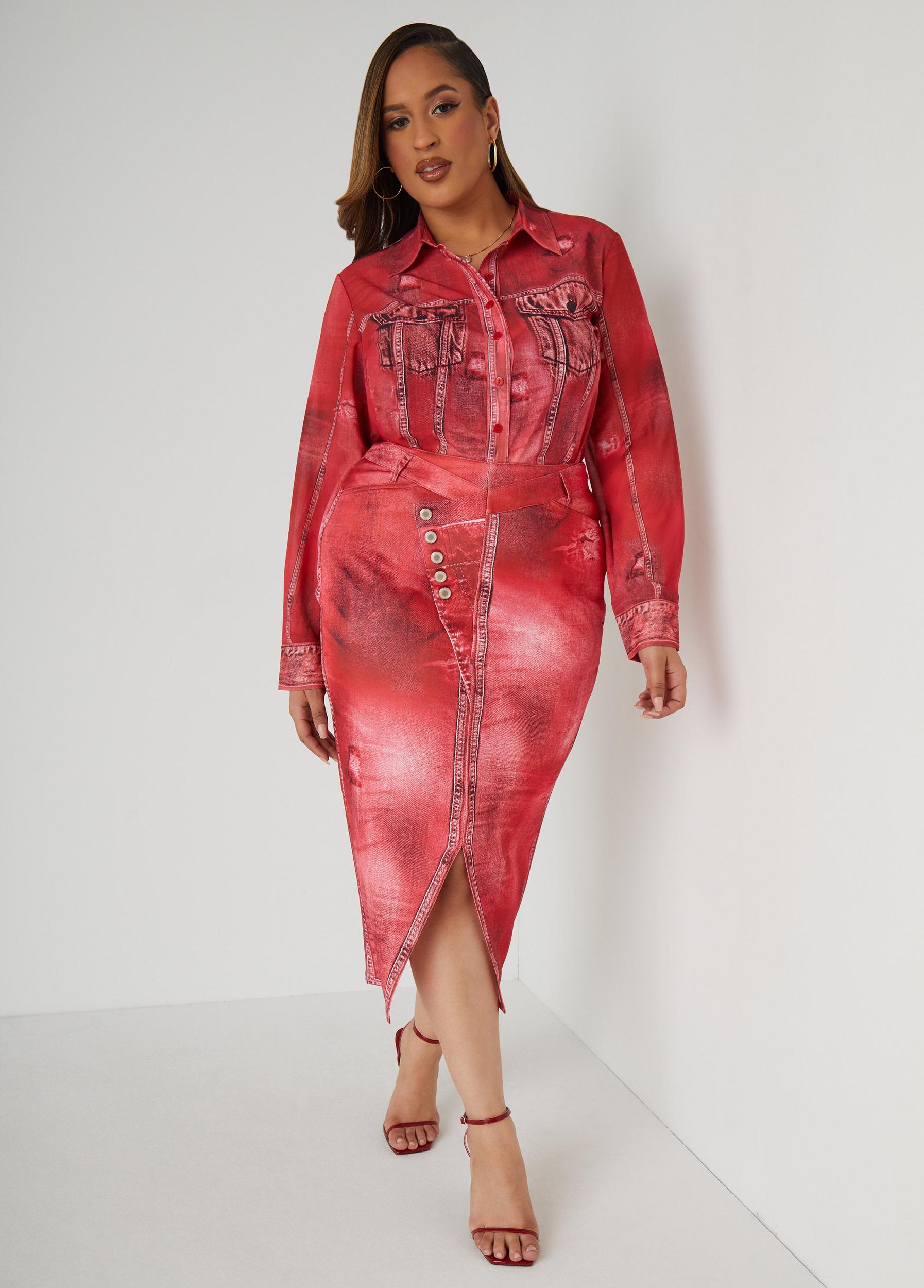 Front Split Denim Print Skirt Product Image