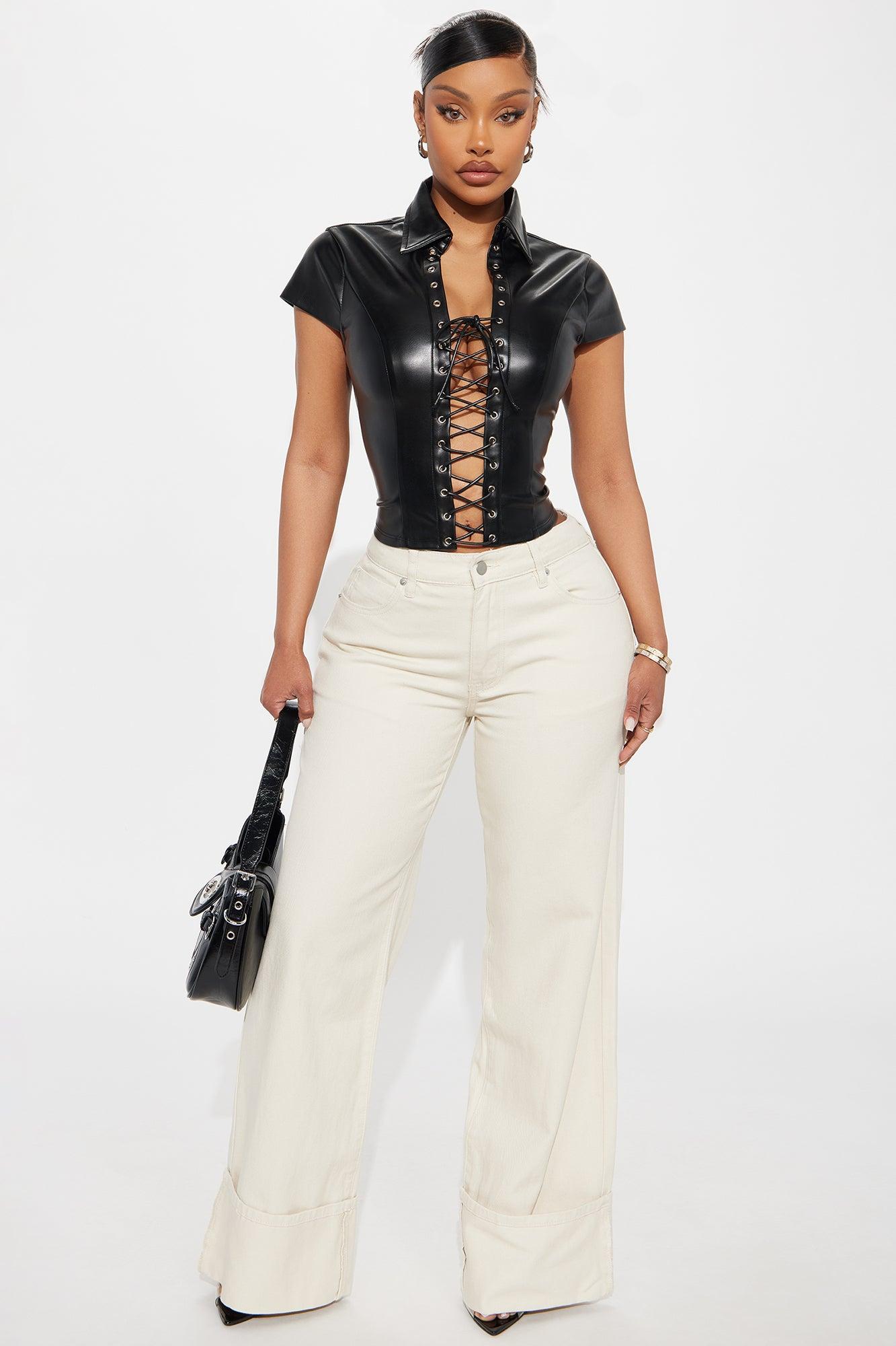 Thrilling Babe Lace Up Faux Leather Top - Black Product Image