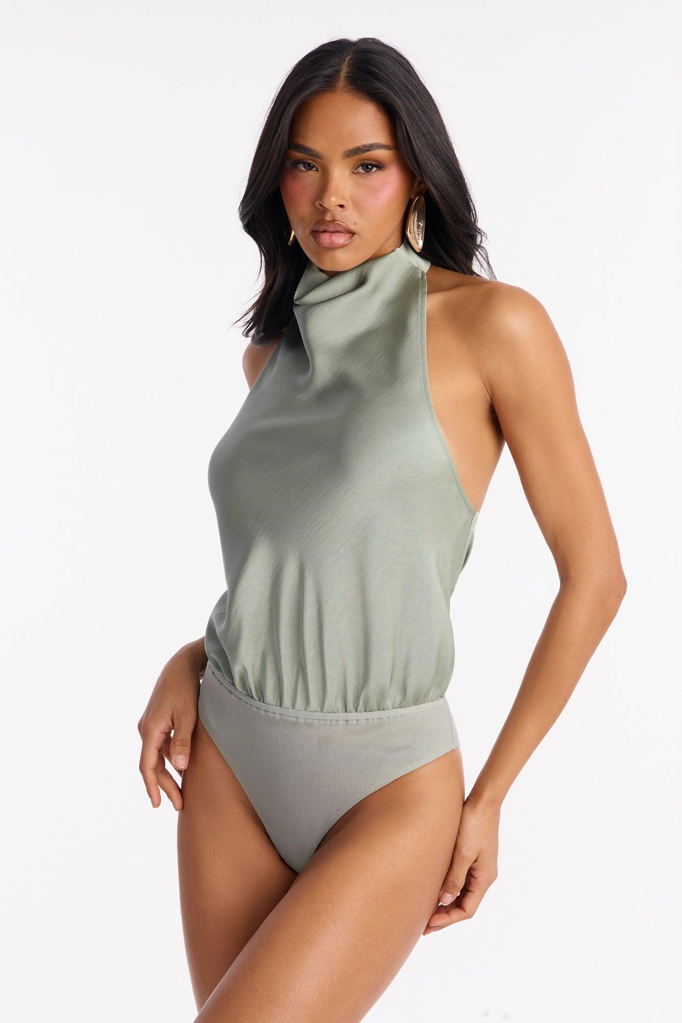 Hailey Satin Halter Bodysuit 3 Piece Pant Set - Sage Female Product Image