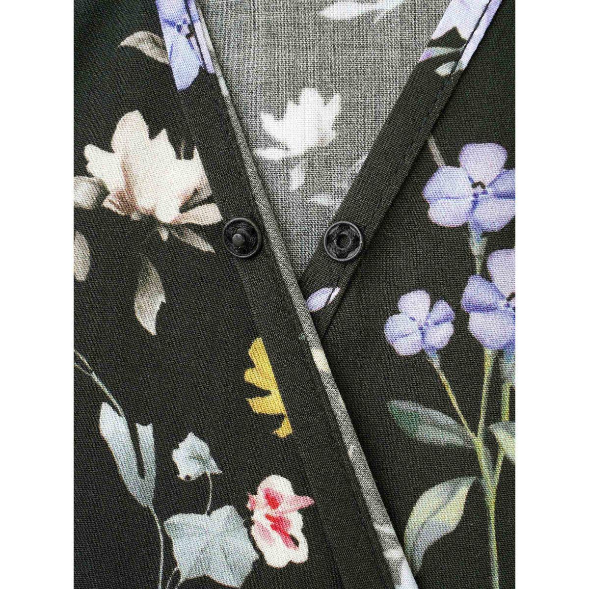 Plus Size Floral Wrap Ruffle Sleeve Dress DarkGreen Women Elegant Slit Overlap Collar Short sleeve Curvy BloomChic 12/L Product Image