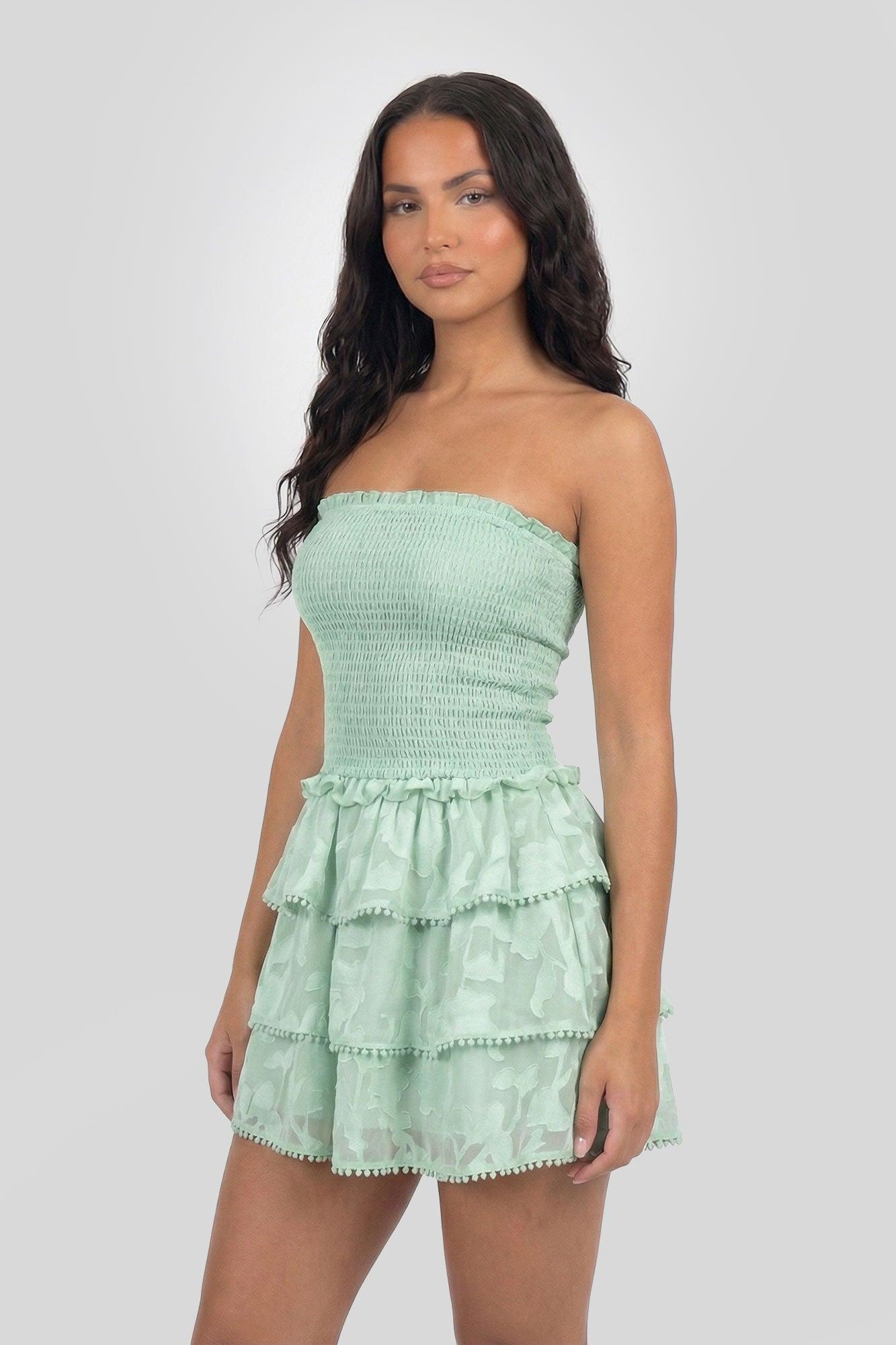 Smocked Ruffle Tiered Strapless Mini Dress Female Product Image