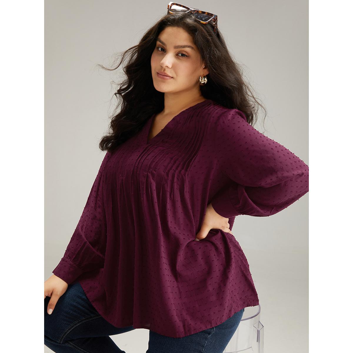 Plus Size Burgundy Plicated Detail Polka Dot Blouse Women Elegant Long Sleeve V-neck Dailywear Blouses BloomChic 30/6X Product Image