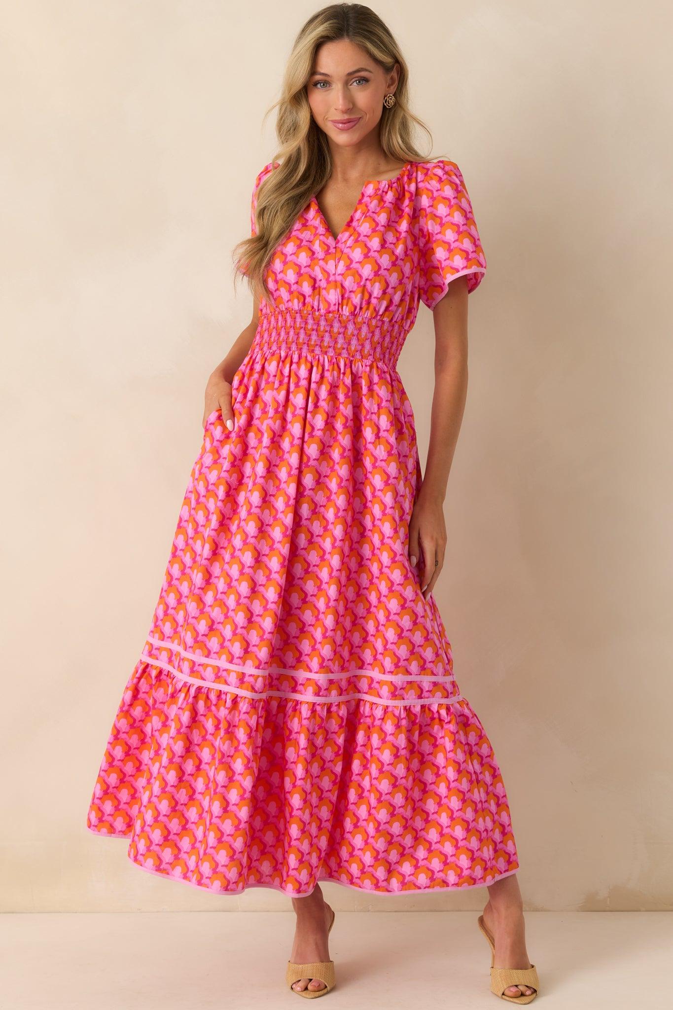 Doing Just Fine Pink Abstract Print Cotton Short Sleeve Maxi Dress Product Image