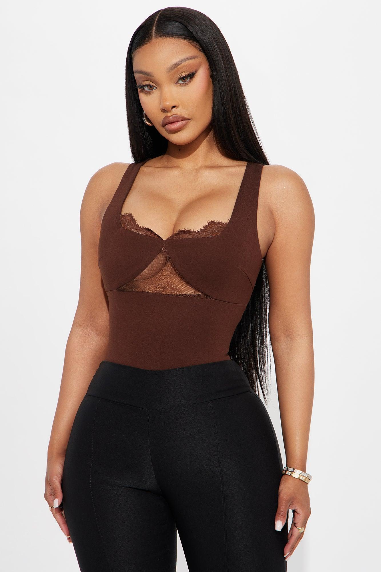 Verity Lace Trim Ponte Bodysuit - Brown Product Image
