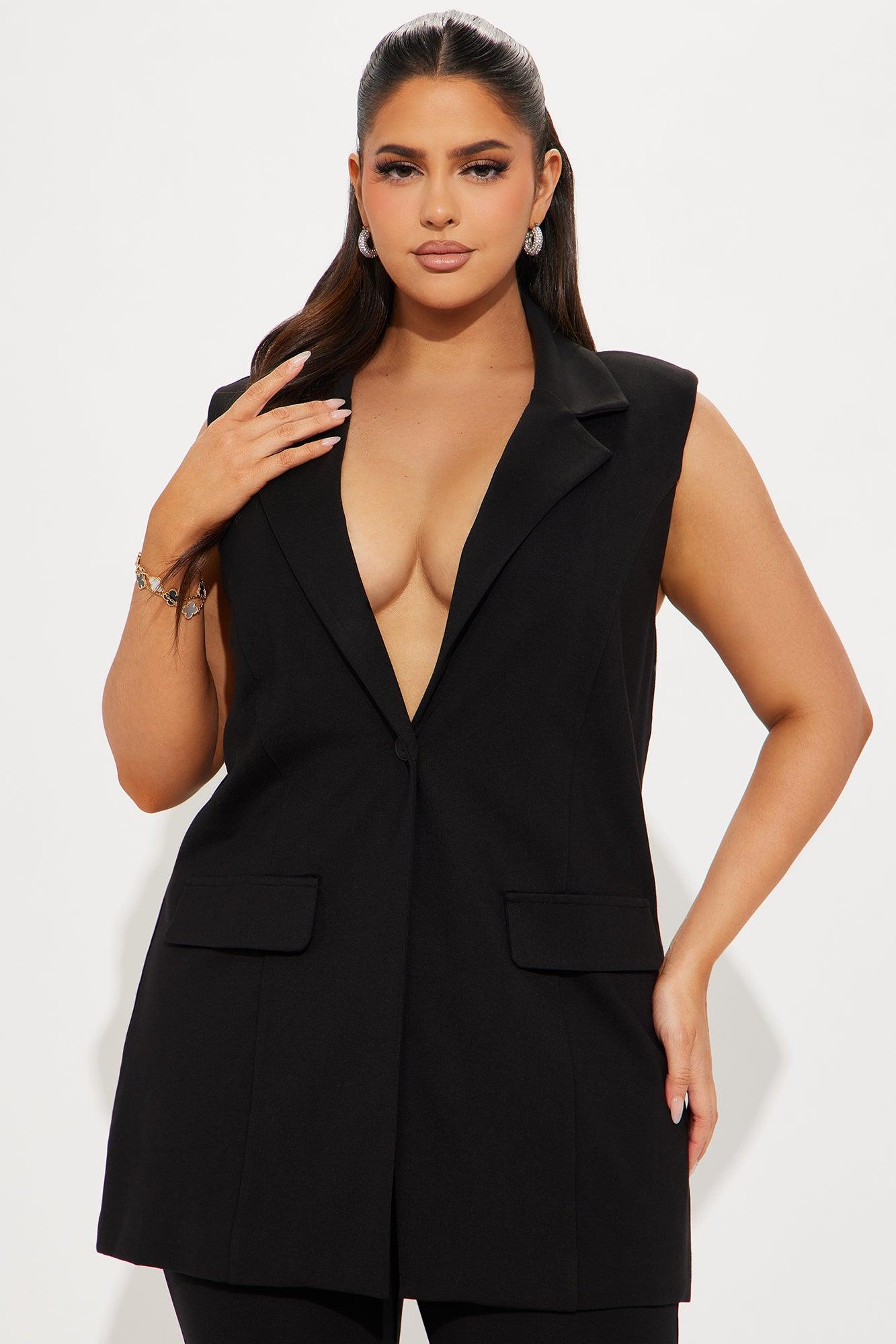 The Mia Double Lined Ponte Long Vest Pant Set - Black Product Image