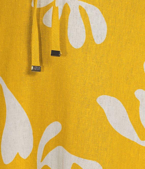 Marella Molise Summer Leaf Print Linen Blend Keyhole V-Neck Elbow Short Sleeve Fit & Flare Midi Dress Product Image