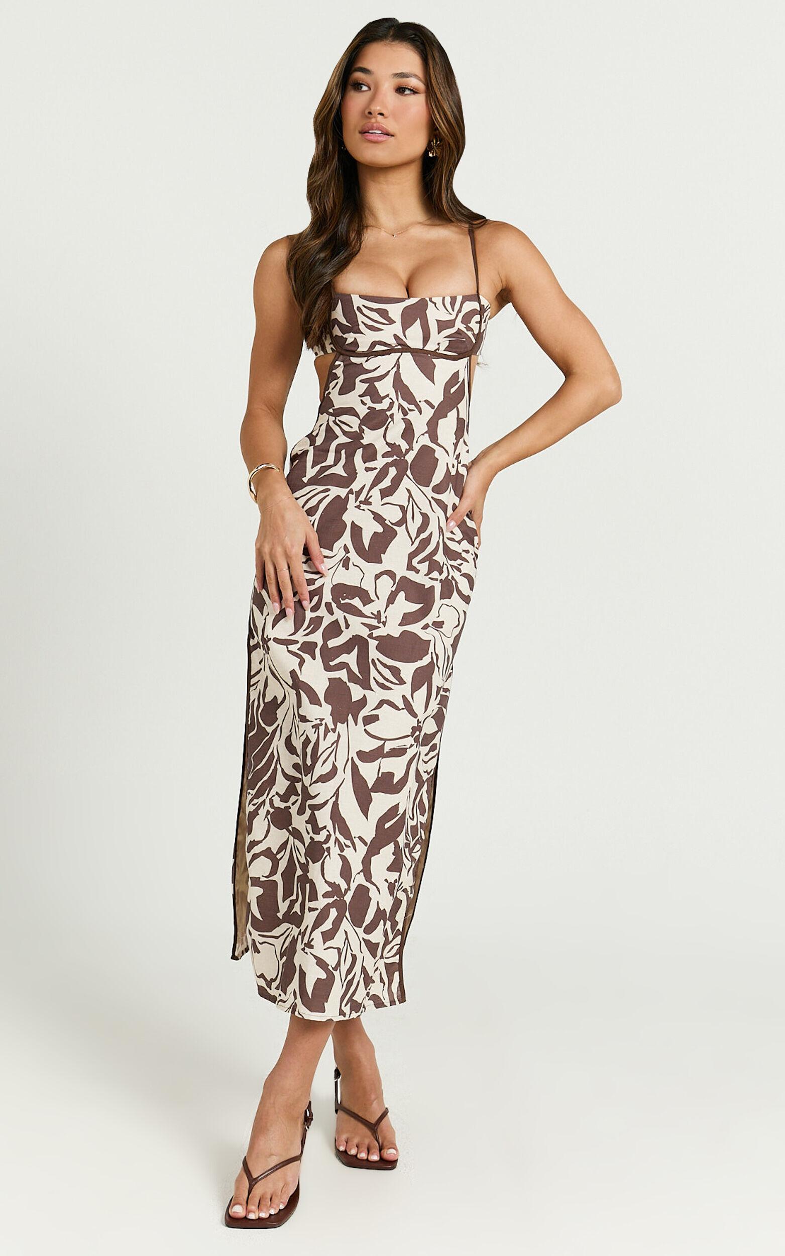 Gibson Midi Dress - Linen Scoop Neck Back Tie Dress in Tonal Stencil Floral Product Image