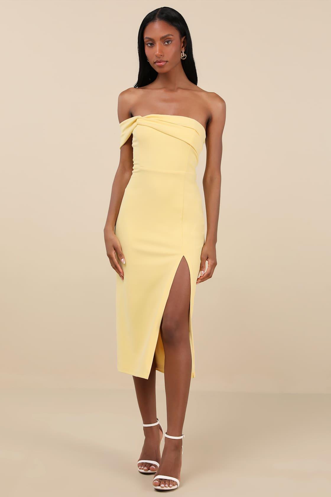 Twist and Make Up Light Yellow One-Shoulder Bodycon Midi Dress Product Image