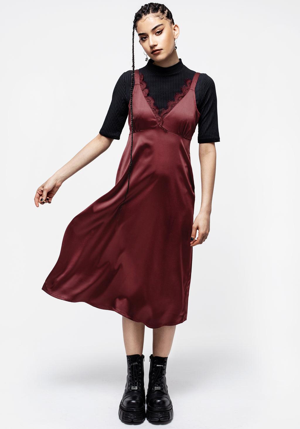 Medeina Lace Trim Satin Midi Slip Dress - Red Product Image