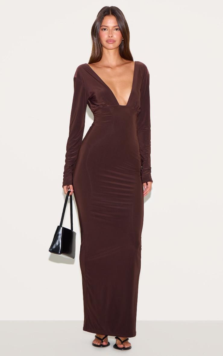  Deep Chocolate Double Layer Deep Plunge Maxi Dress Product Image