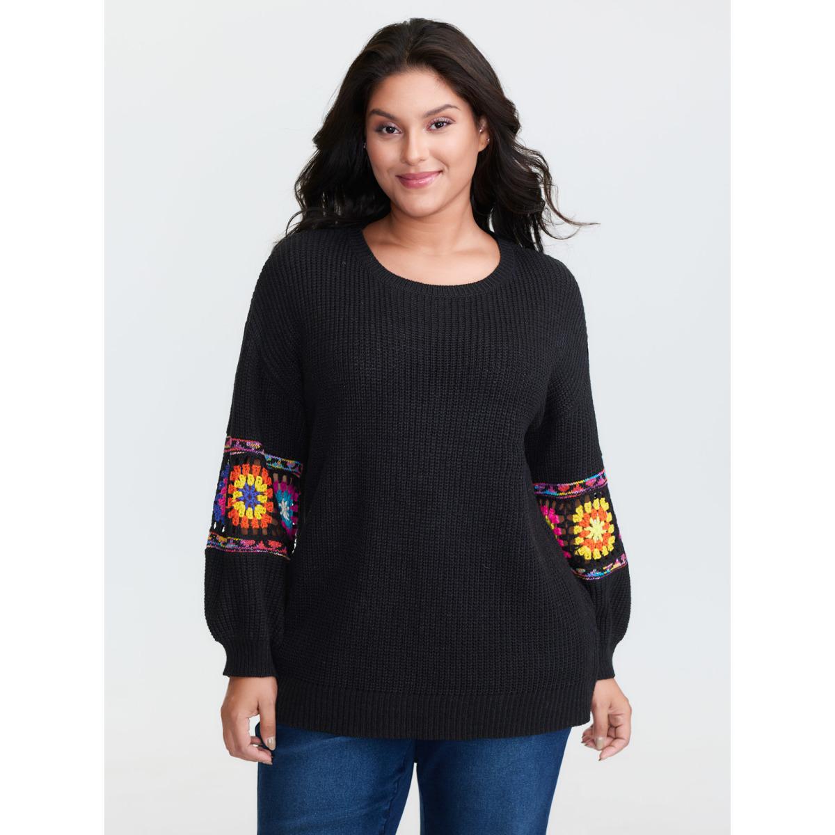 Plus Size Crochet Floral Sleeve Lace Trim Pullover Black Women Playful Loose Long Sleeve Round Neck Casual Pullovers BloomChic 12/L Product Image
