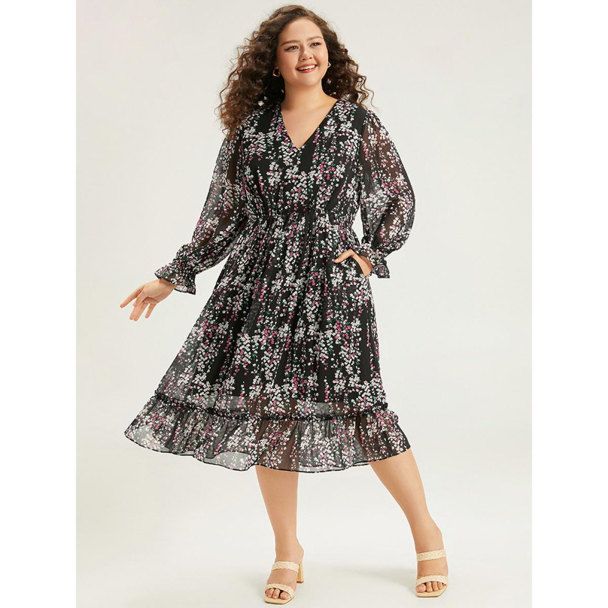 Plus Size Ditsy Floral Chiffon Patchwork Frill Trim Dress Black Women Elegant See through V-neck Long Sleeve Curvy Midi Dress BloomChic 14-16/1X Product Image