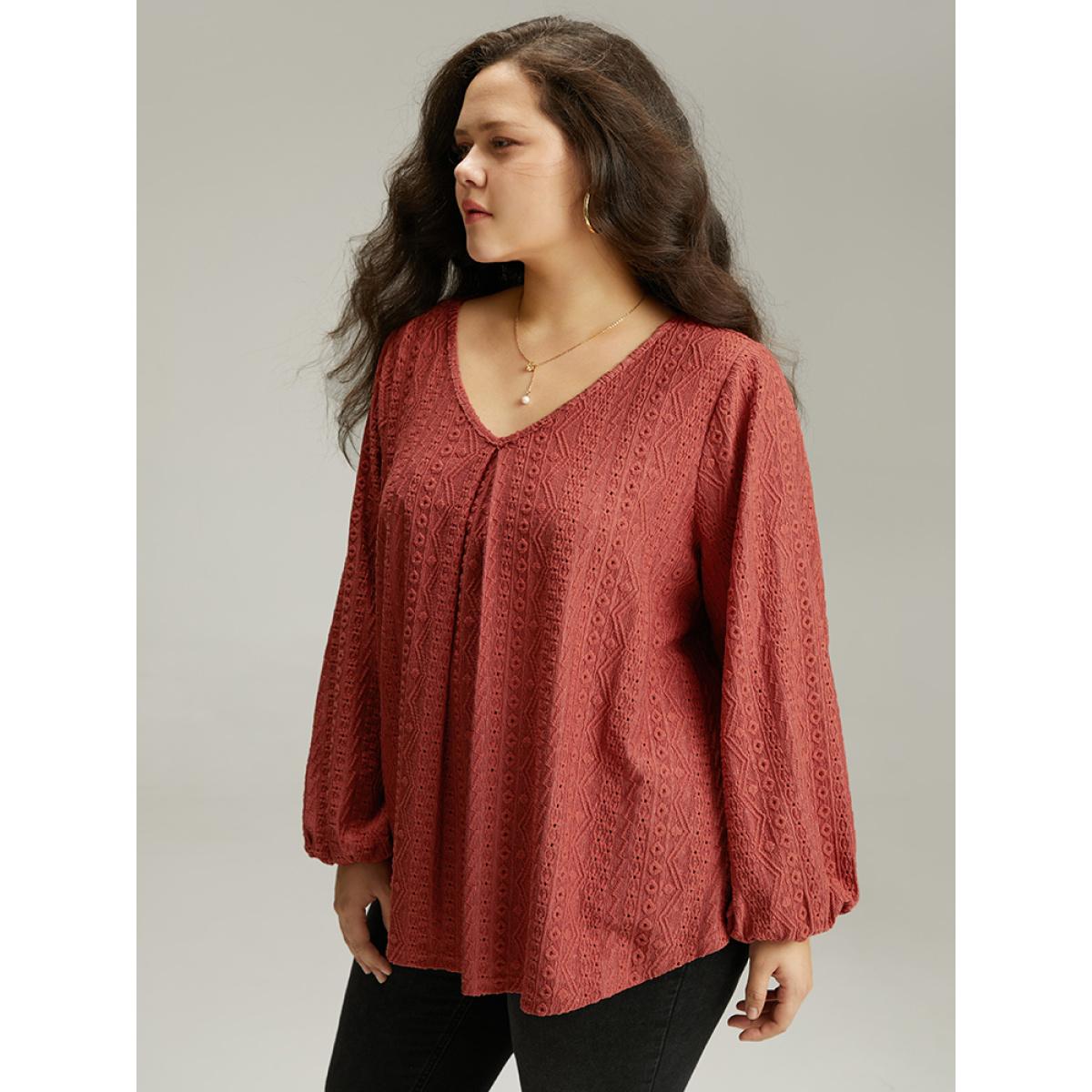 Plus Size Keyhole Plicated Detail Lantern Sleeve T-shirt Rust Women Elegant Elastic cuffs Plain V-neck Dailywear T-shirts BloomChic 18-20/2X Product Image