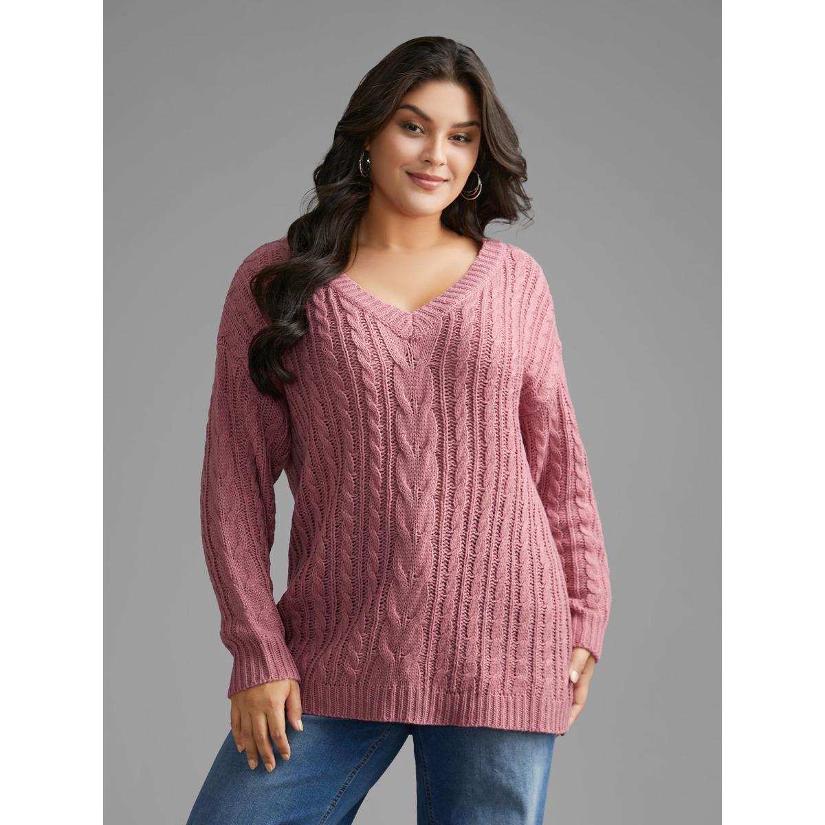 Plus Size V Neck Texture Cable Knit Pullover DustyPink Women Casual Loose Long Sleeve V-neck Everyday Pullovers BloomChic 26/4X Product Image