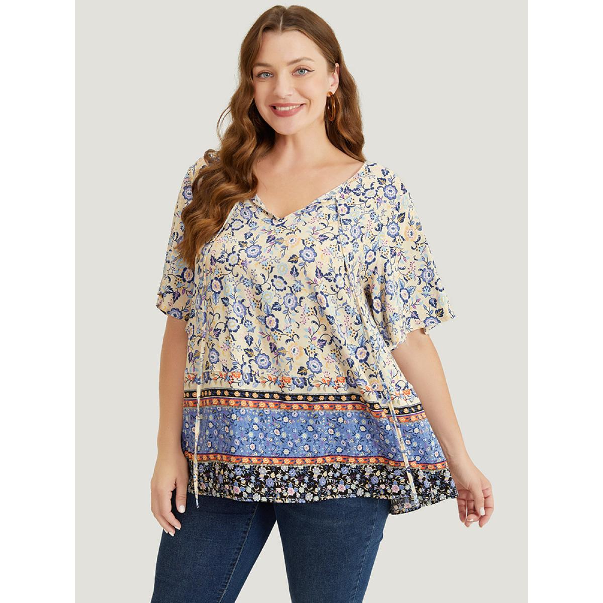 Plus Size Multicolor Bandana Printed Ties Front Ruffle Sleeve Blouse Women Vacation Short sleeve Tie Neck Dailywear Blouses BloomChic 10/M Product Image