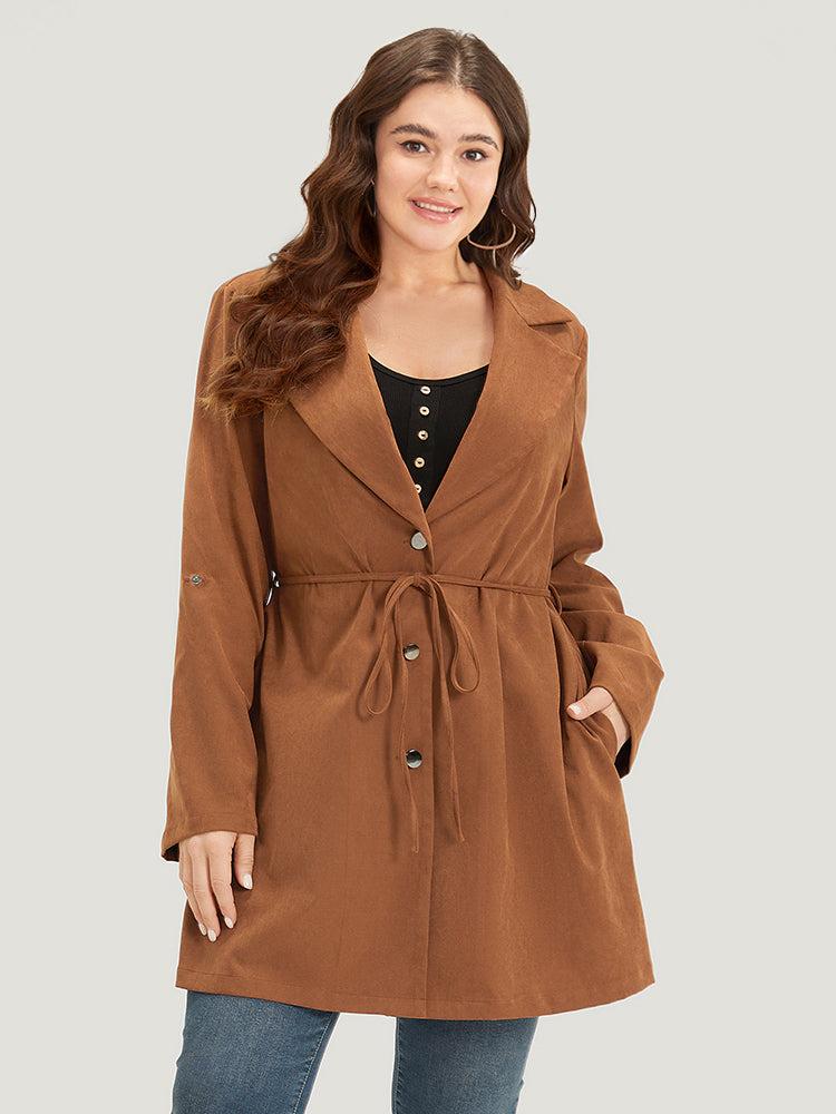 Plain Corduroy Belted Bowknot Roll Tab Sleeve Coat Female Product Image