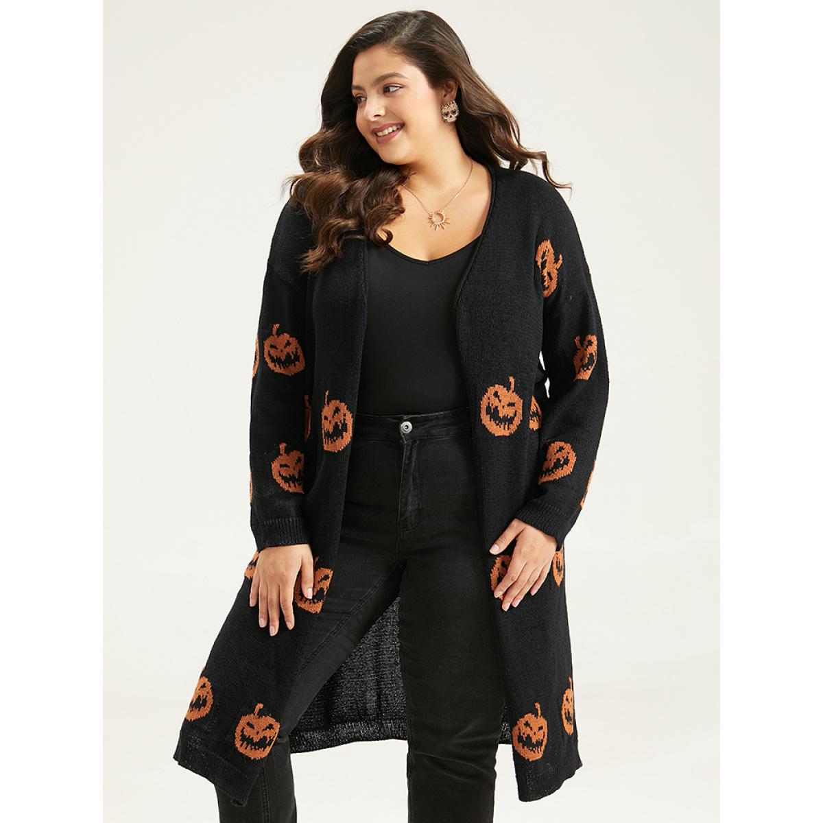 Plus Size Halloween Skull Print Split Side Drop Shoulder Maxi Cardigan Chocolate Women Casual Loose Long Sleeve Festival-Halloween Cardigans BloomChic 12/L Product Image