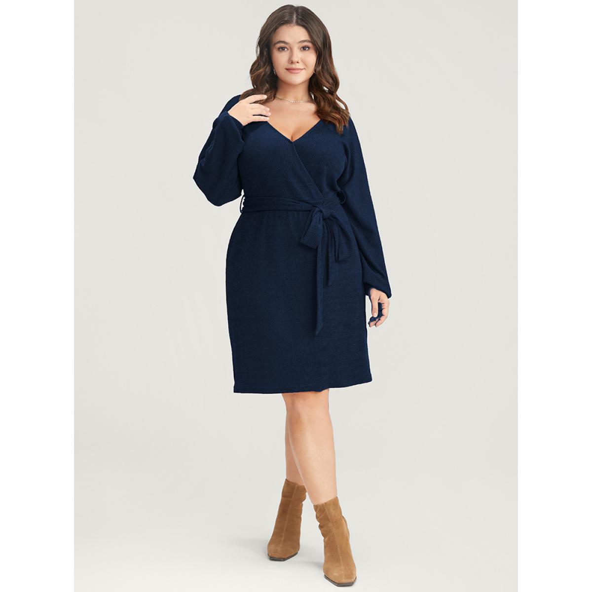 Plus Size Solid Surplice Neck Belted Knit Dress Navy Women Glamour Cross straps V-neck Long Sleeve Curvy Knee Dress BloomChic 18-20/2X Product Image