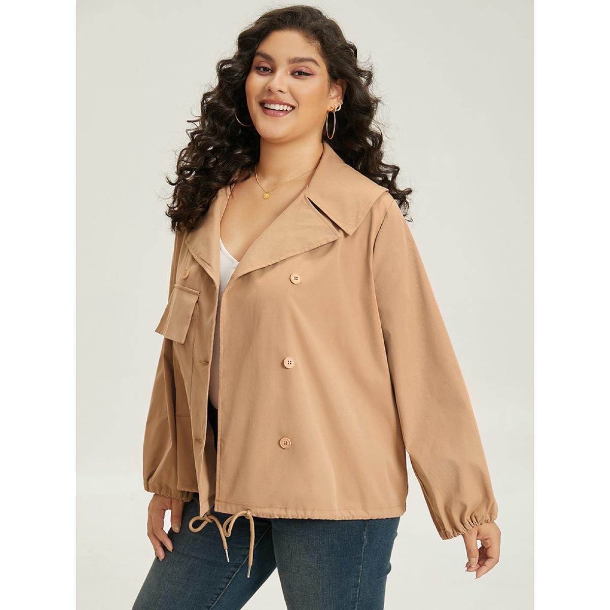 Plus Size Lapel Collar Drawstring Pocket Button Detail Coat Women LightBrown Elastic cuffs Pocket Dailywear Jackets BloomChic 26/4X Product Image