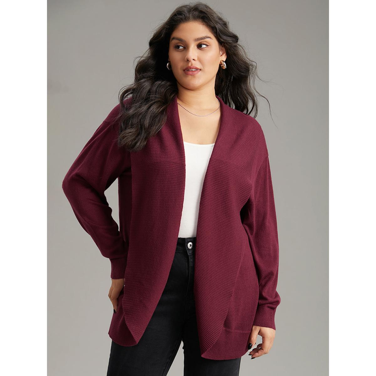 Plus Size Supersoft Essentials Plain Texture Arc Hem Cardigan Burgundy Women Casual Loose Long Sleeve Everyday Cardigans BloomChic 12/L Product Image