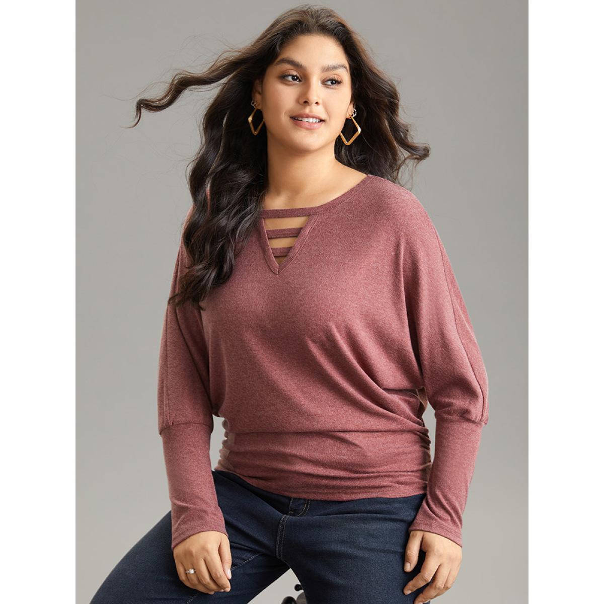 Plus Size Solid Heather Keyhole Batwing Sleeve T-shirt Russet Women Casual Plain Plain Keyhole Cut-Out Everyday T-shirts BloomChic 22-24/3X Product Image