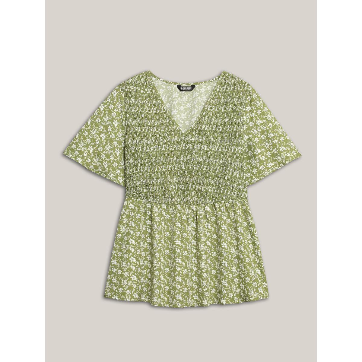 Plus Size Sage Floral Print Shirred Front Peplum Shirt Women Elegant Short sleeve V-neck Everyday Blouses BloomChic 14-16/1X Product Image