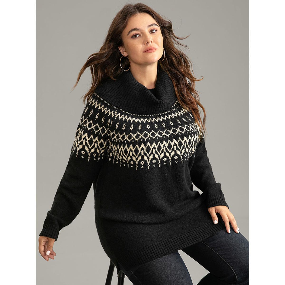 Plus Size Bandana Print Turtle Neck Elastic Cuffs Pullover Black Women Casual Loose Long Sleeve Turtleneck Dailywear Pullovers BloomChic 10/M Product Image