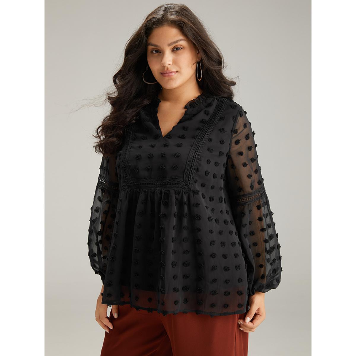 Plus Size Black Polka Dot Frill Trim Mesh Blouse Women Elegant Long Sleeve Notched collar Dailywear Blouses BloomChic 14-16/1X Product Image