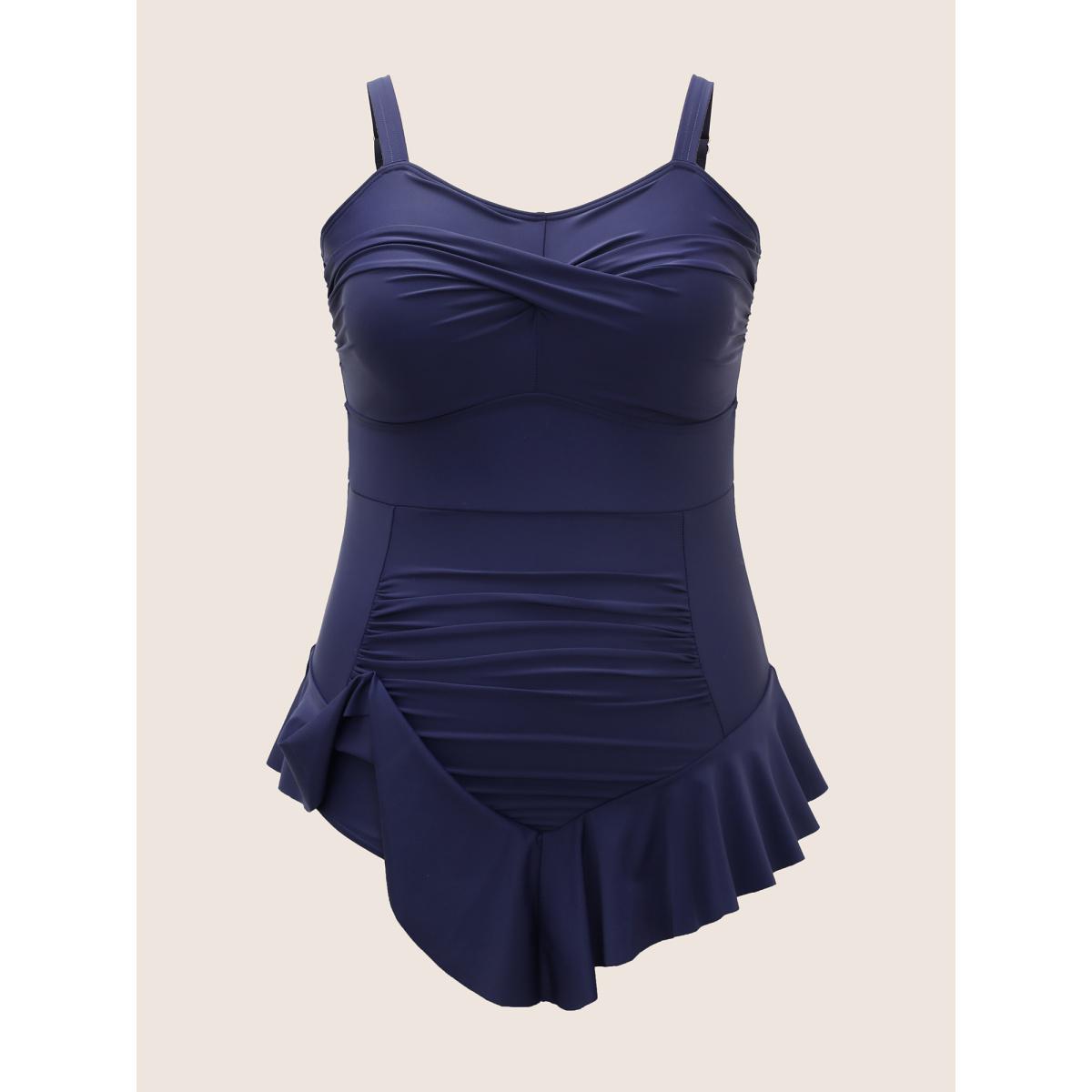 Plus Size Plain Crossover Flutter Trim One Piece Swimsuit Women's Swimwear Indigo Beach Curve Bathing Suits High stretch One Pieces BloomChic 26/4X Product Image