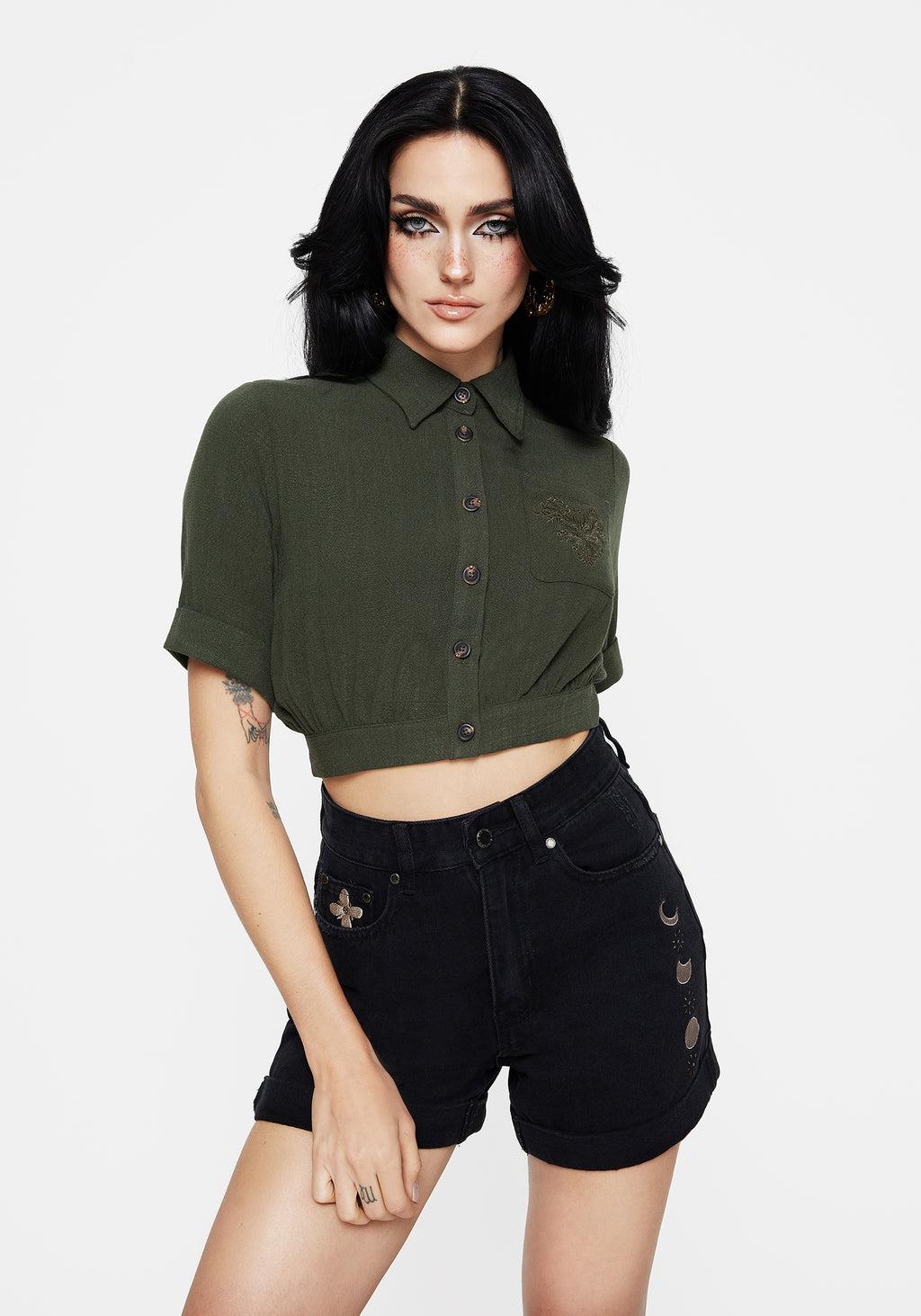 Foliate Linen-Blend Embroidered Short Sleeve Crop Shirt - Green Product Image