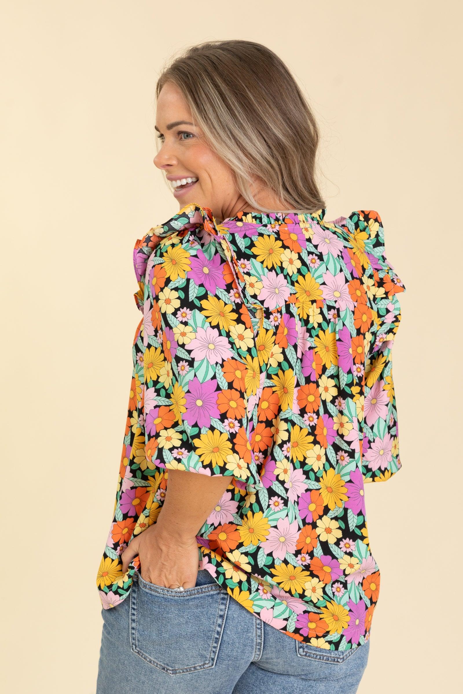 Black Flower Print V-Notched Woven Top Product Image