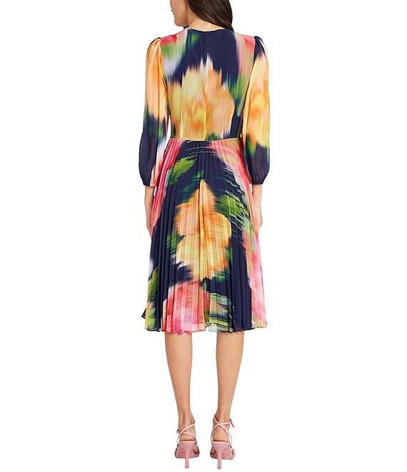 Maggy London Printed Chiffon Pleated V Neckline Long Sleeve Midi Dress Product Image
