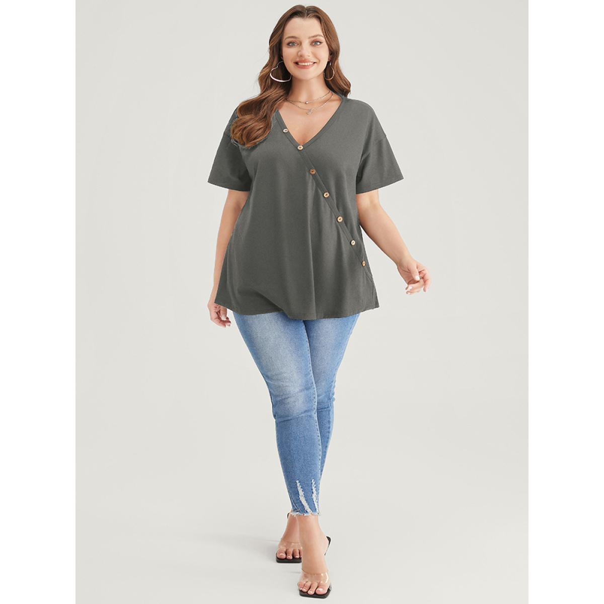 Plus Size Plain Surplice Neck Button Detail T-shirt DimGray Women Elegant Plain V-neck Dailywear T-shirts BloomChic 18-20/2X Product Image