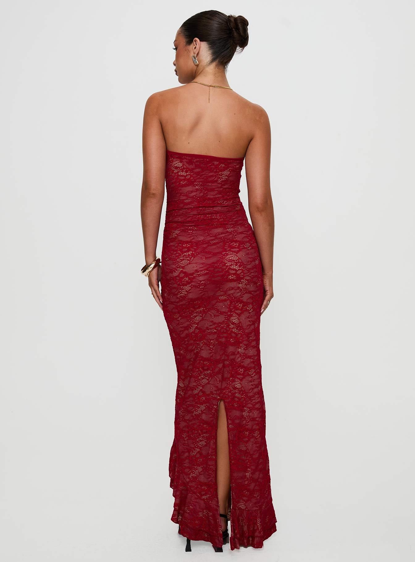 Hailees Lace Strapless Maxi Dress Red Product Image