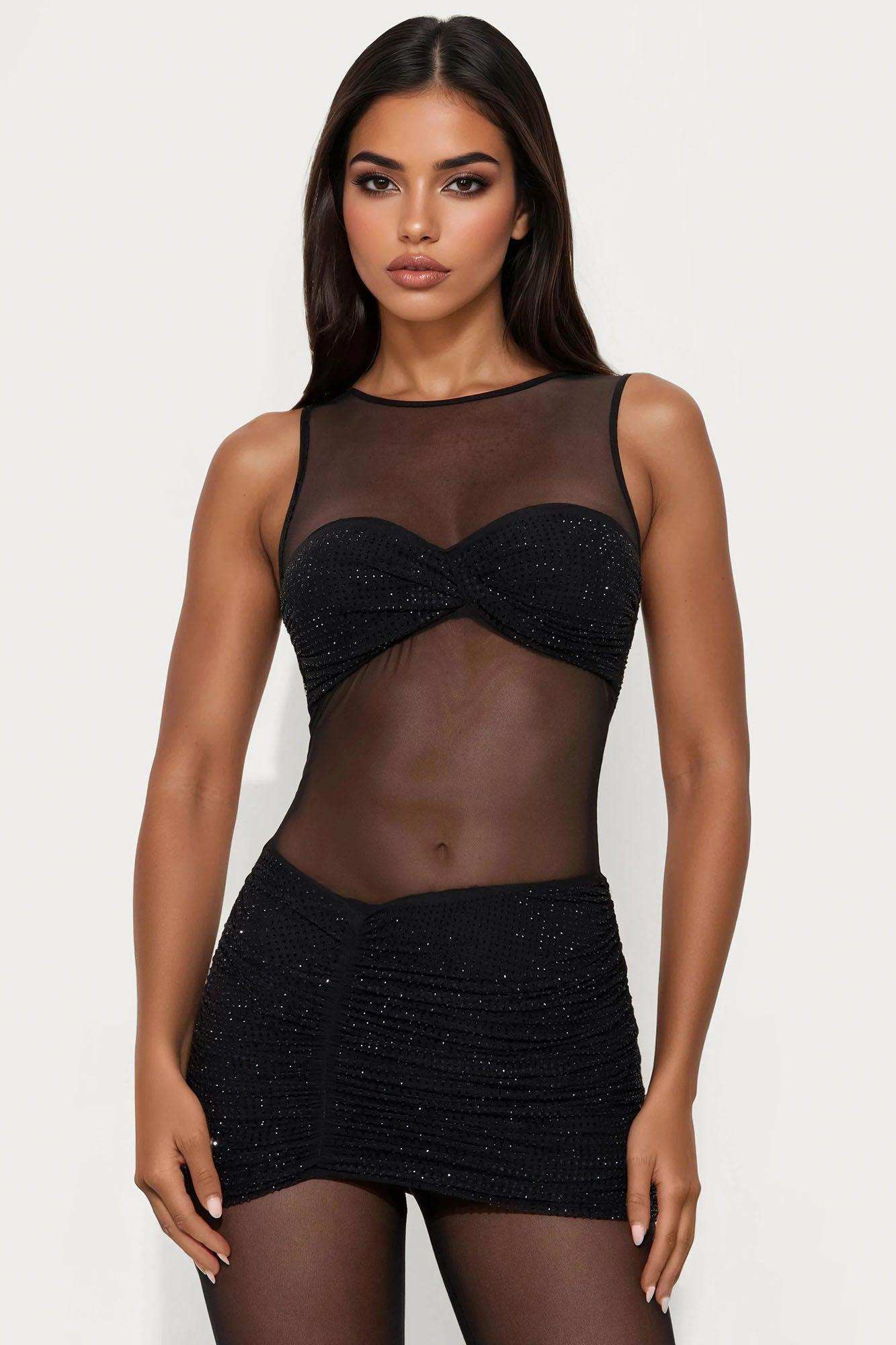 Diamond Diva Embellished Mesh Jumpsuit - Black Female Product Image