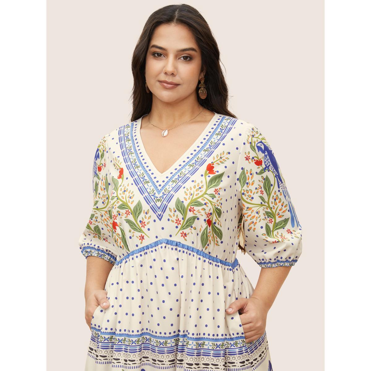 Plus Size V Neck Floral Print Elastic Waist Lantern Sleeve Dress Blue Women Resort Gathered V-neck Sleeveless Curvy Midi Dress BloomChic 10/M Product Image