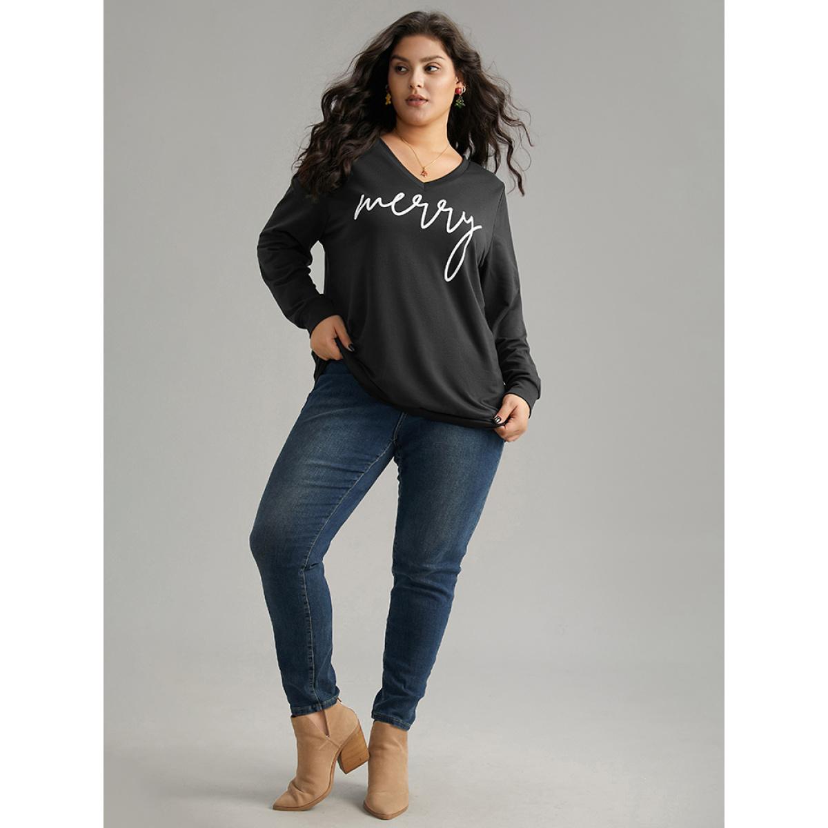 Plus Size Season's Greetings Printed V-Neck Sweatshirt Women Black Casual Printed V-neck Festival-Christmas Sweatshirts BloomChic 14-16/1X Product Image
