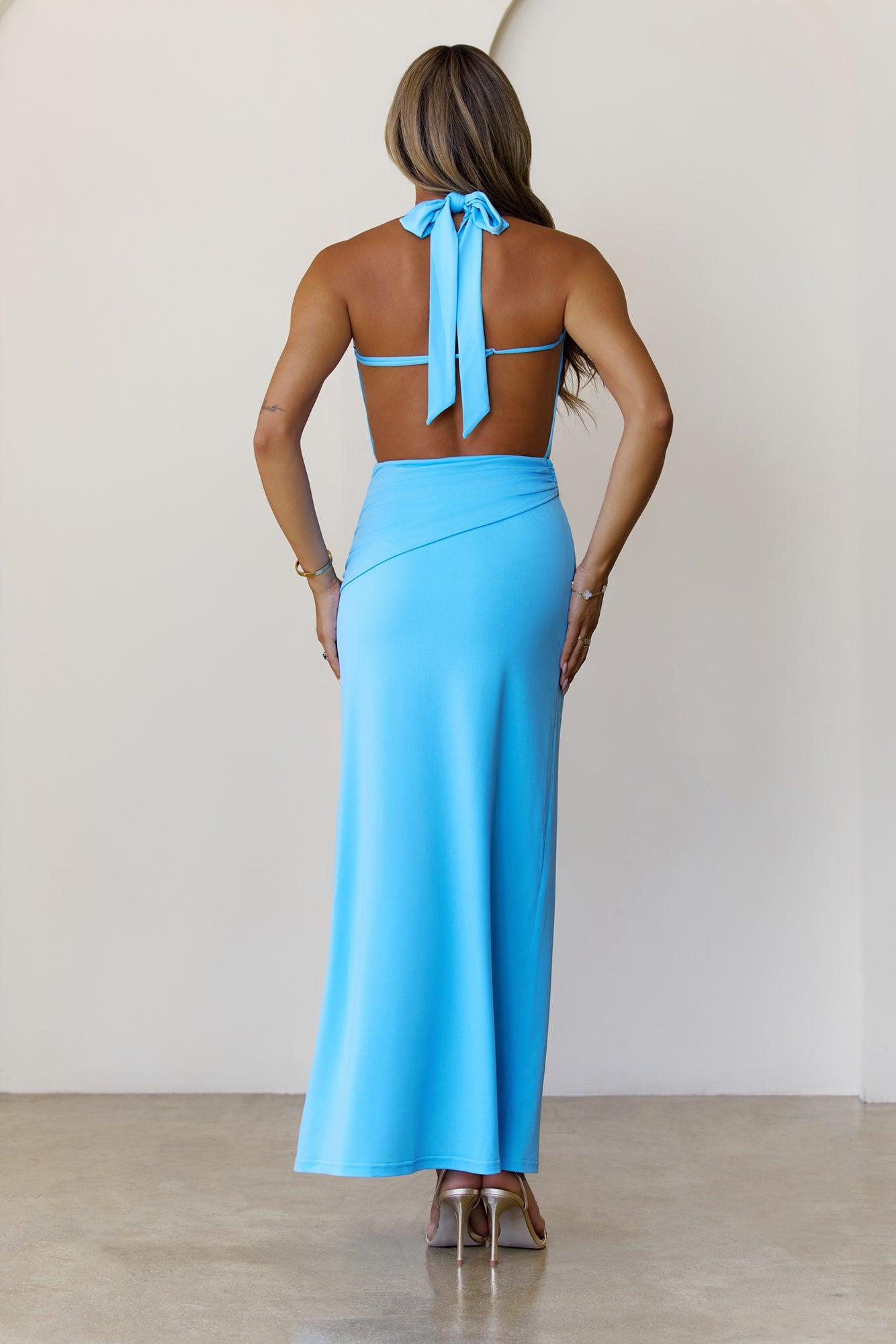 Silk Essence Halter Maxi Dress Blue Product Image