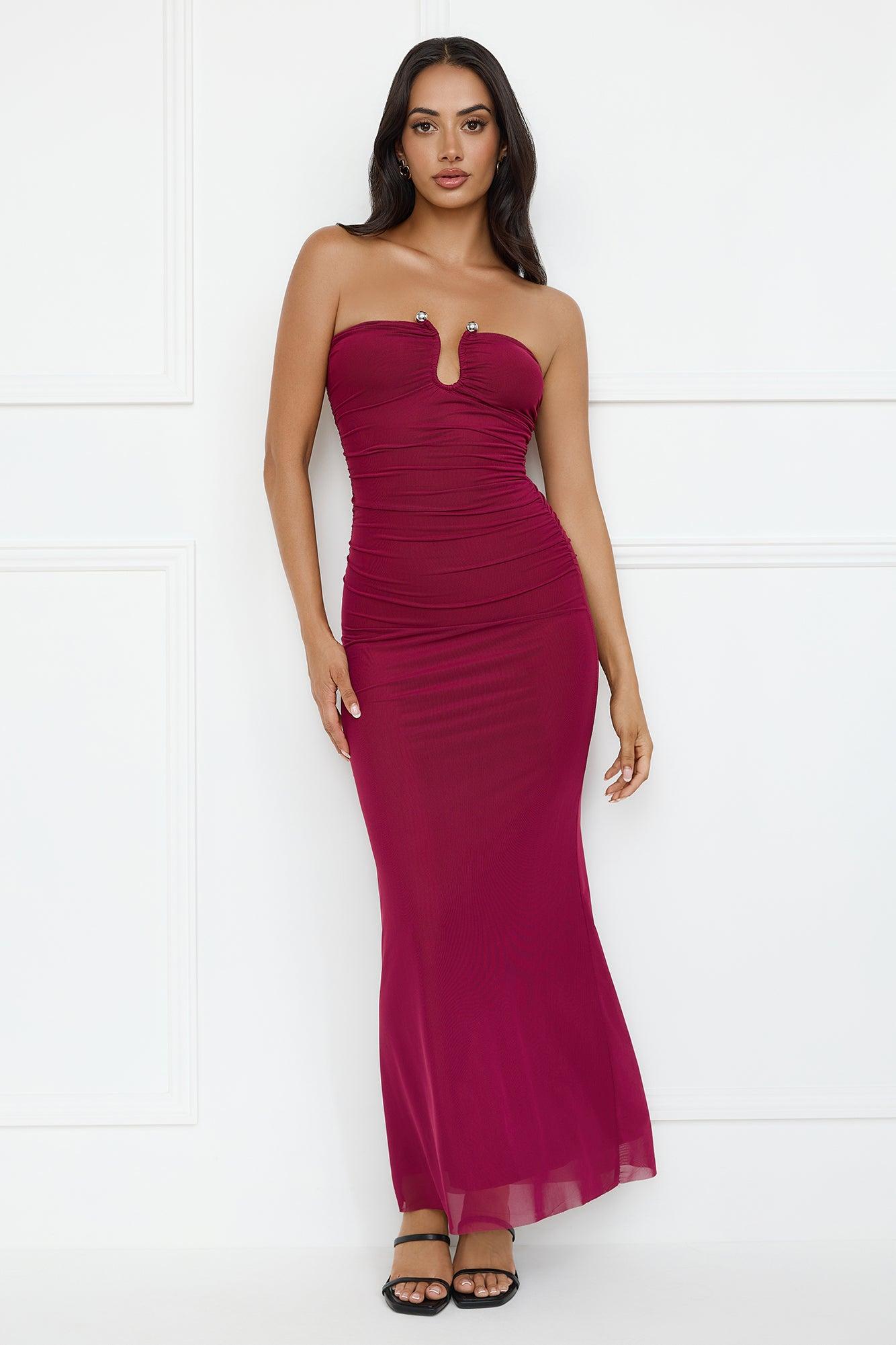 Noir Seduction Strapless Mesh Maxi Dress Burgundy Product Image