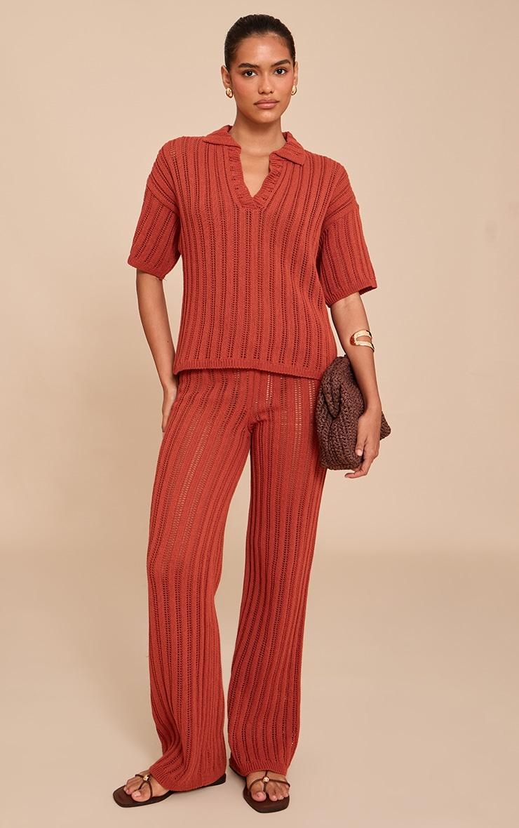  Rust Crochet Rugby Knit Top Product Image