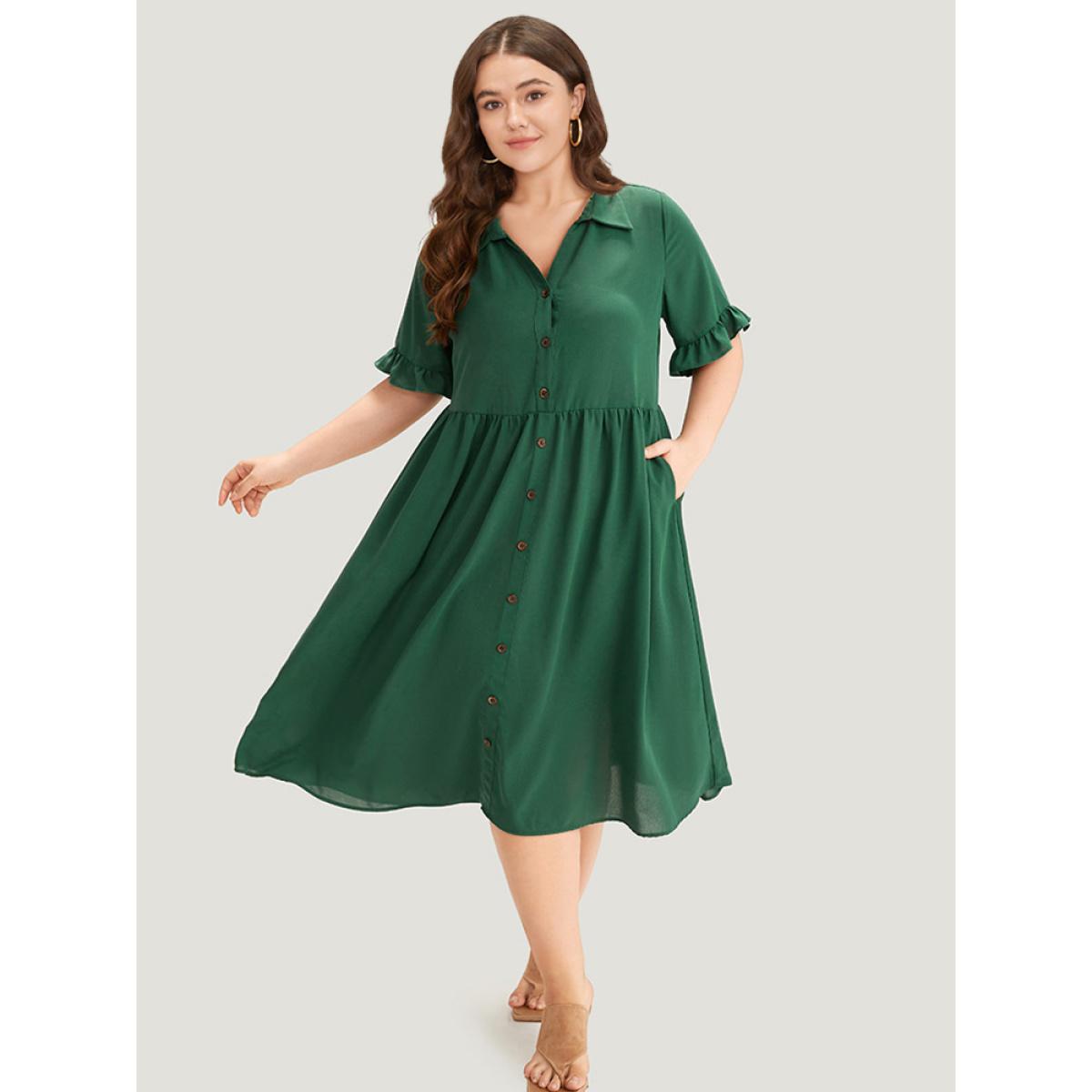 Plus Size Plain Ruffles Pocket Button Up Pleated Frill Trim Dress Emerald Women Casual Plain Lapel Collar Short sleeve Curvy Midi Dress BloomChic 28/5X Product Image