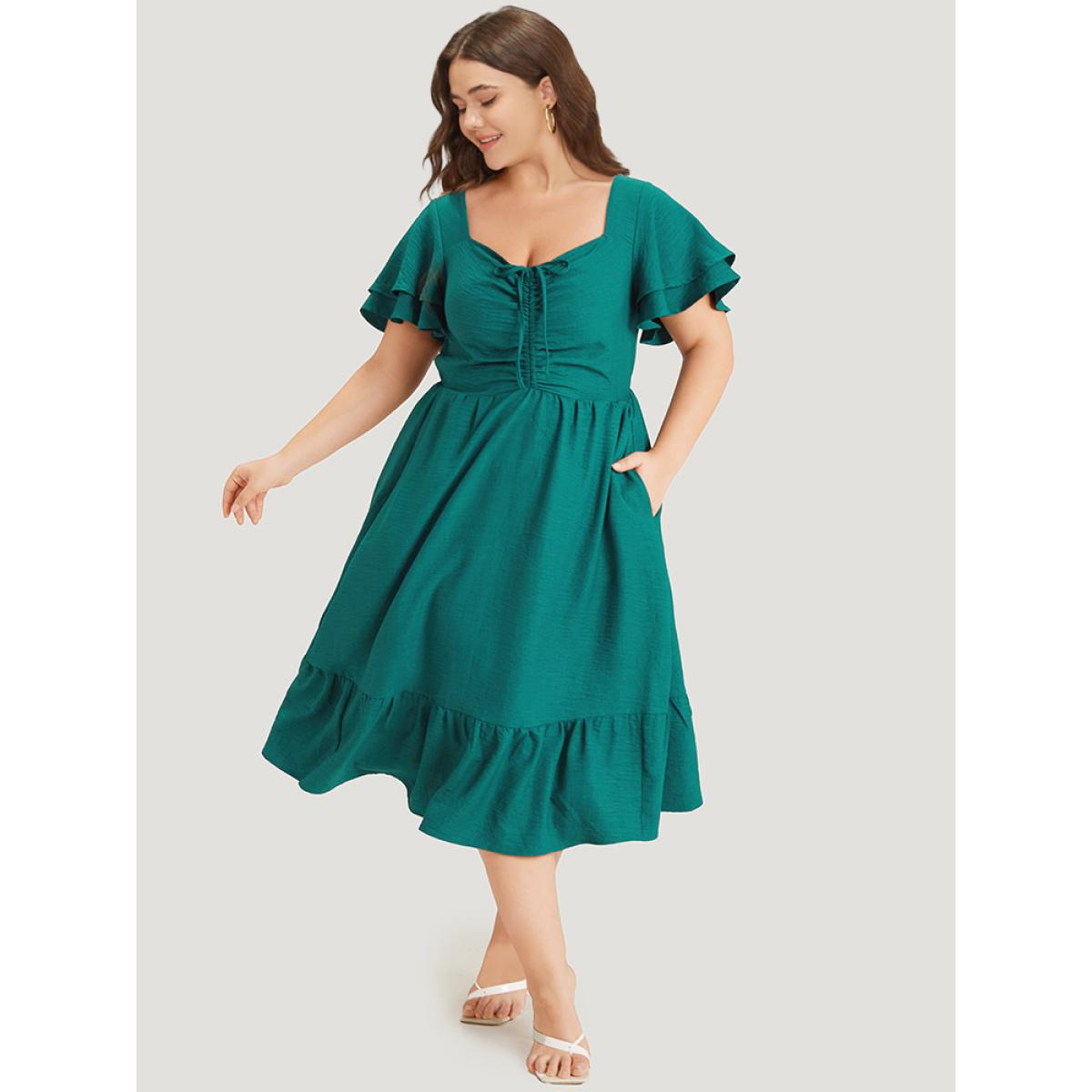 Plus Size Solid Drawstring Pocket Ruffle Trim Layered Dress Teal Women Elegant Gathered V-neck Short sleeve Curvy Midi Dress BloomChic 22-24/3X Product Image