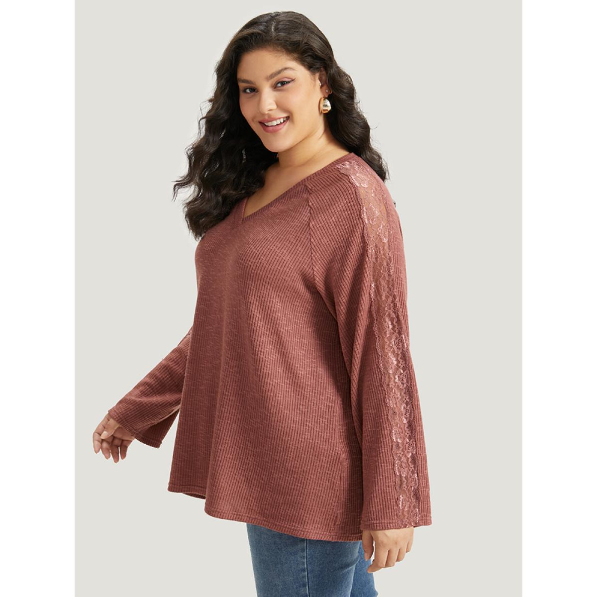 Plus Size Rib Knit Lace Panel Raglan Sleeve T-shirt DustyPink Women Elegant Texture Plain V-neck Dailywear T-shirts BloomChic 28/5X Product Image