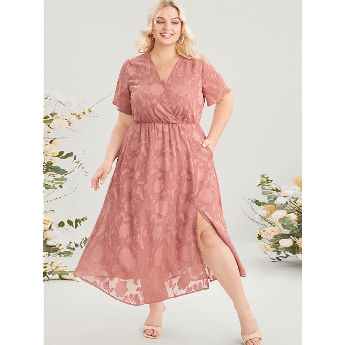 Plus Size Plain Surplice Neck Split Mesh Pocket Ruffles Dress Rouge Women Elegant See through Overlap Collar Short sleeve Curvy Long Dress BloomChic 26/4X Product Image
