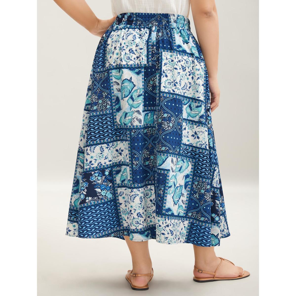Plus Size Collage Floral Print Flared Maxi Skirt Women Mediumblue Resort Patchwork Low stretch Slanted pocket Vacation Skirts BloomChic 22-24/3X Product Image