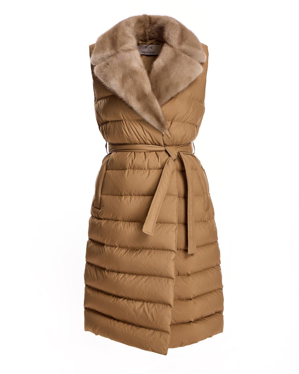 Belted Polyester Vest with Natural Mink Collar Product Image