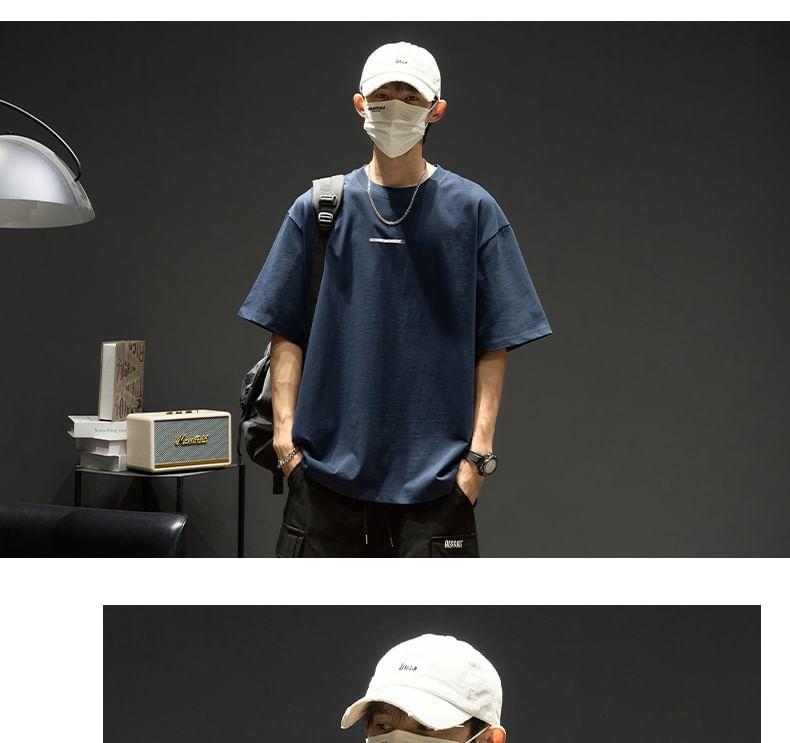 Short-Sleeve Round Neck Lettering Embroidered T-Shirt Product Image