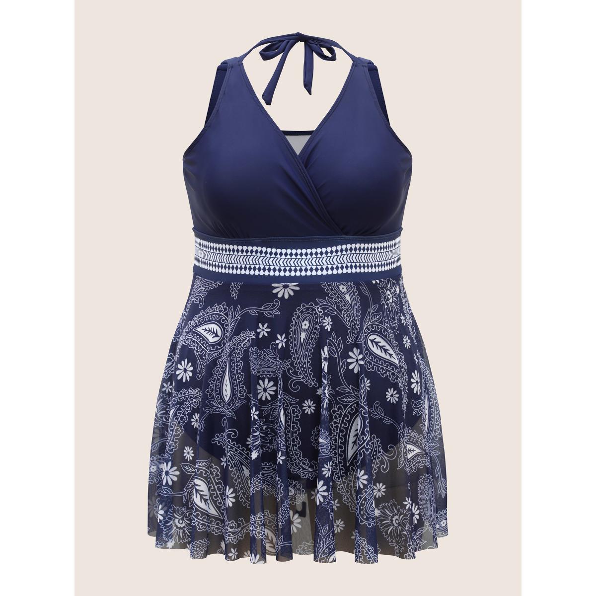 Plus Size Overlap Collar Bandana Print Mesh Swim Dress Women's Swimwear Indigo Beach Loose Overlap Collar High stretch Curve Swim Dresses BloomChic 10/M Product Image